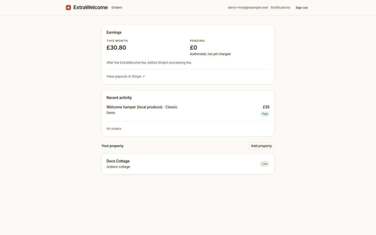 Your first order, in the dashboard