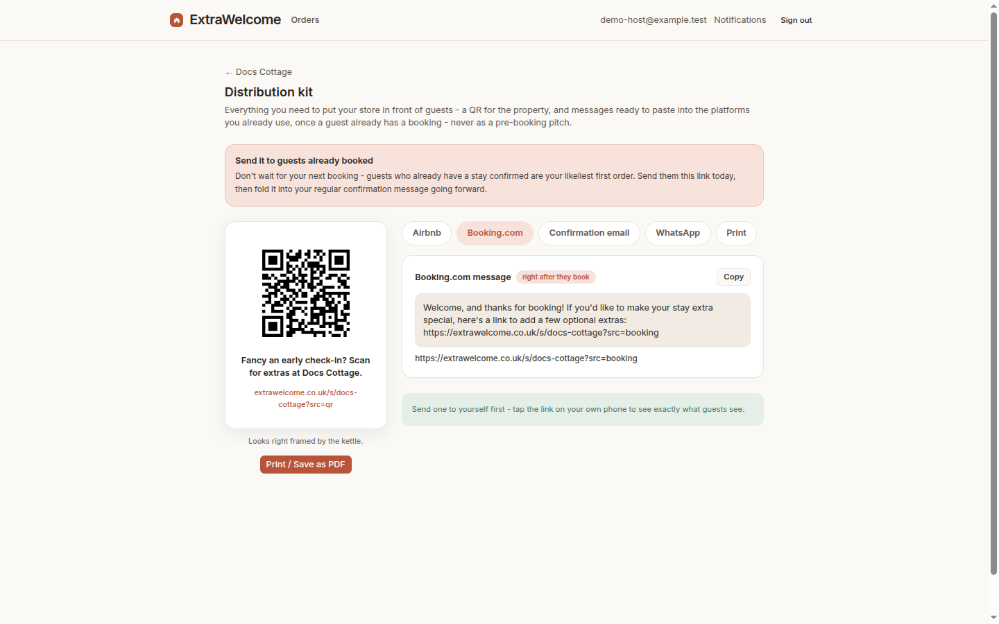 The Booking.com message card in the share kit